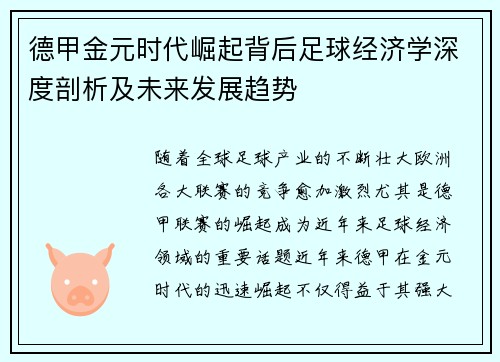 德甲金元时代崛起背后足球经济学深度剖析及未来发展趋势