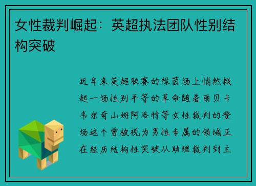 女性裁判崛起：英超执法团队性别结构突破