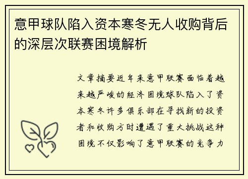 意甲球队陷入资本寒冬无人收购背后的深层次联赛困境解析