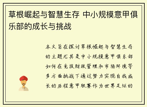 草根崛起与智慧生存 中小规模意甲俱乐部的成长与挑战